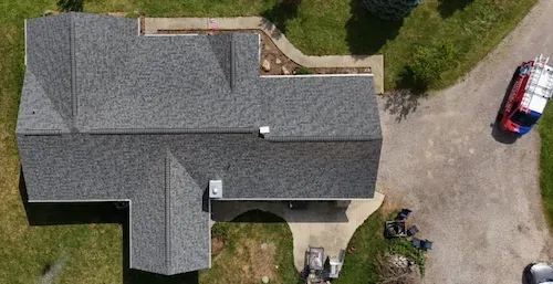 Aerial view of a completed residential roof